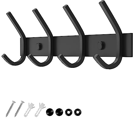 Dripex Garderobenleiste Rostfrei Edelstahl Kleiderhaken Garderobenhaken Doppelhaken bis zu 20kg belastbar Haken Schwarz, 4 Haken