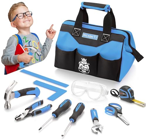 REXBETI 10-Piece Kids Tool Set with Real Hand Tools, Blue Durable Storage Bag, Children Learning Tool Kit for Home DIY and Woodworking,6+ Years Old Birthday Gift