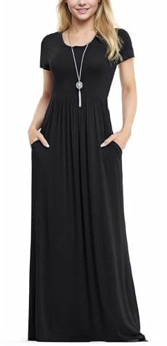 Anelune Dresses for Women's Short Sleeve Loose Plain Maxi Dresses Casual Long Dresses with Pockets(Black-M)