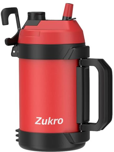 Zukro 1 Gallon Water Bottle Insulated, Leak Proof One Gallon Jug With Handle, No Sweat 128 oz Wide Mouth Stainless Steel Sport Jug With Straw Lid and Spout, Keep Cold 48 Hours, BPA Free, Red