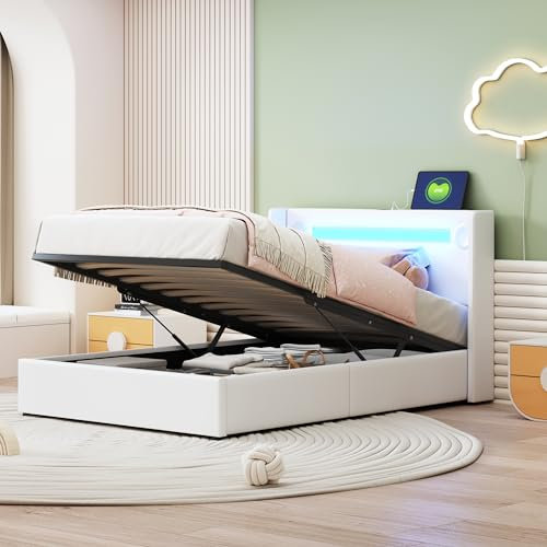 Polsterbett 90x200 Bett mit Bluetooth-Player und USB-Aufladung, Hydraulisch Einzelbett Stauraumbett aus PU-Leder, mit Lattenrost, Ohne Matratze Weiß