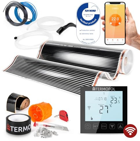 Termofol Elektrische Fußbodenheizung Heizfolie 230V mit Thermostat WIFI Schwarz - Leistung 220 W/m2 - Oberfläche 14m² - Fussbodenheizung Elektrisch Komplettset fur Fußboden Wand oder Deckenheizung