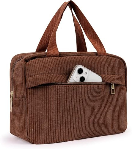 Ledaner Cord-Kosmetiktasche für Damen – Praktischer Kulturbeutel zum Aufhängen und Mitnehmen auf Reisen (braun)