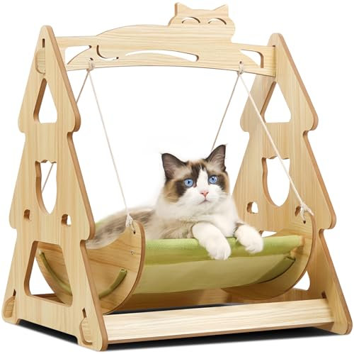 Hibtn Cat Hammock Bed with Wooden Frame - Breathable Pet Swing Chair & House Combo for Cats and Small Dogs, Indoor Hanging Sleeping Pod Cosy Nest