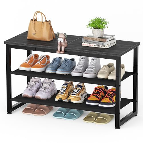 SIMPDIY Shoe Rack, 3 Tier Shoe Bench with Wooden Shelf, Shoe Storage with Seat for Entryway Living Room Hallway Bedroom, Load Capacity 150 kg, Black