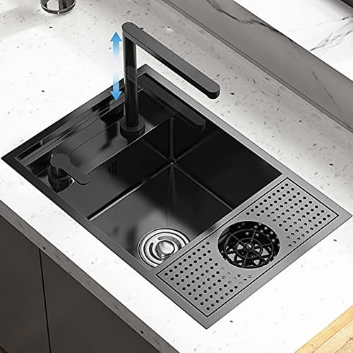 GLJTUO Fregadero De Barra con Lavadora De Tazas, Lavabo De Mano Manual Escalonado, Fregadero De Barra De Cocina De Acero Inoxidable 304 con Grifo,Black-a-70x40x22cm