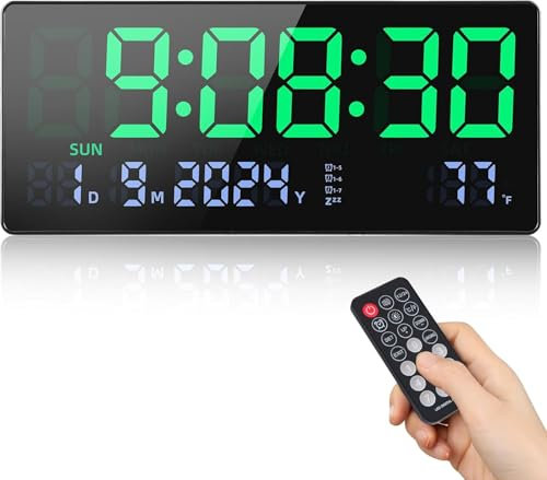 Fuloon Orologio da Parete Digitale, 15.5 Grande LED Orologio da Parete Digitale con Calendario, Secondi, Temperatura, Data, Settimana, LED Sveglia da Tavolo con Supporto per Soggiorno Cucina Ufficio