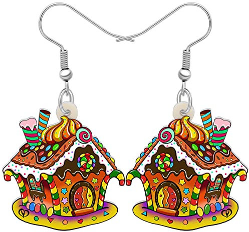 TIZURO Christmas Acrylic Colorful Candy Cookie Gingerbread House Earrings Village House Dangle Fun Xmas Jewelry For Women Valentines Party Winter Gifts (Yellow)