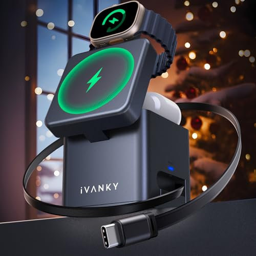 iVANKY per iPhone 16/15/14 Series Pro Max Caricatore, Wireless Station Cube 5 in 1 con Cavo Telescopico per MagSafe Charger, 65W Stazione di Ricarica Rapida per Apple Watch Ultra, per AirPods