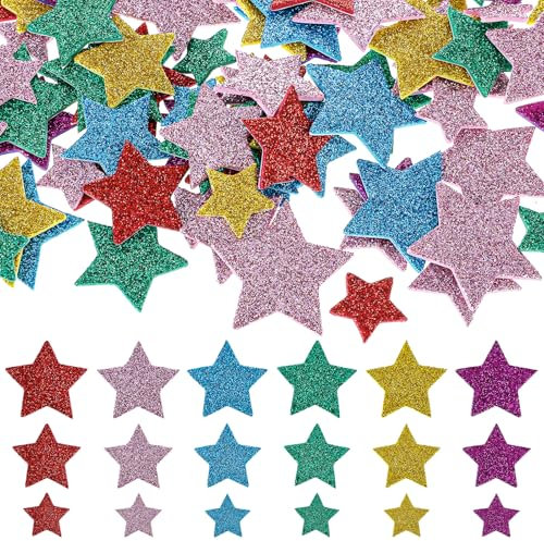 cobee 270 Stück Glitzersterne Schaumstoff Aufkleber, Bunte Sternaufkleber Moosgummi 3 Größen Stern Aufkleber Konfetti Weihnachten Glitzer Stern Streudeko für Sammelalben Grußkarten DIY Basteln