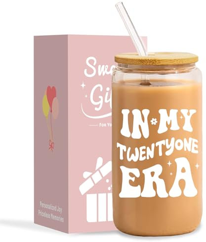 NOOMII 21st Birthday Gifts for Her | 21st Birthday Gifts for Girls | Glass Cups with Lids and Straws for Girls