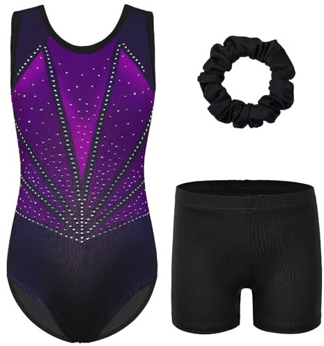 ZNYUNE Turnanzug mädchen Shorts Bunte Funkeln Gymnastik Trikots Farbverlauf Gymnastikanzug für Mädchen Strass B381 BlackPurple 14A