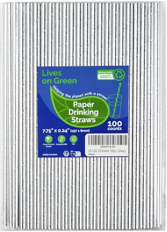 Lives on Green Pailles en papier argentées jetables de 7,75« x 0,24 » pour les cocktails, les fêtes, les mariages, les bars et les restaurants, 100 pièces