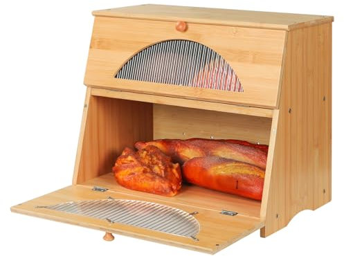 Leader Accessories Double Decker Bamboo Bread Bin 2-Layer Bread Box Large Capacity Bread Storage for Kitchen translucent window 15.3x9.8x13