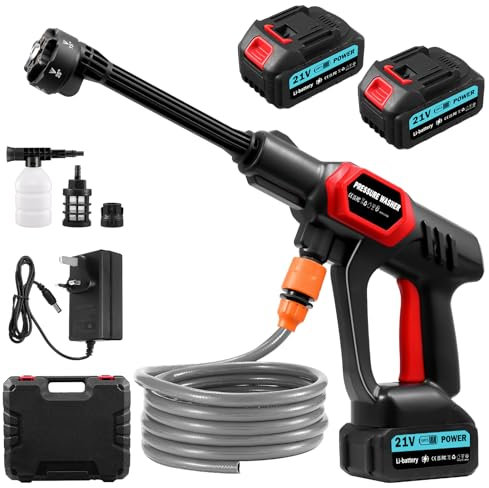 21V Handheld Pressure Washer Kit, Cordless Pressure Washer, 1500W High Pressure Washers with 6 in 1 Nozzle, 16.5ft Hose, 2 * 3000mAh Batteries, 45 Bar/ 1160 PSI Cordless Power Washer for Car Garden