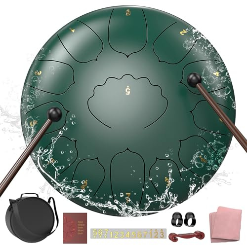Steel Tongue Drum C-Dur - 12 Zoll 13 Noten Regentrommel für Outdoor, Gartenmeditation, Klangheilung, Yoga - Handpan-Trommel mit Schlägeln, Musikbuch, Fingerplektren & Tragetasche