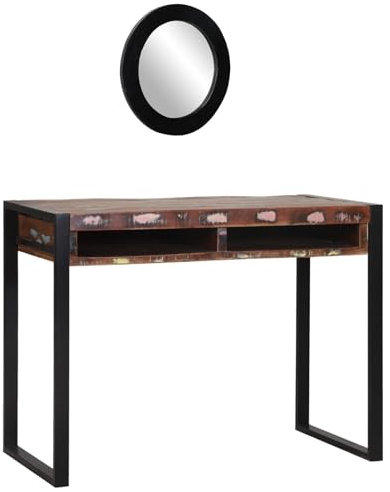 vidaXL Bedroom Dressing Vanity Table, ic Reclaimed Wood & Metal with Mirror, Brown, 3 Drawers - Elegant Bedroom Beauty Station