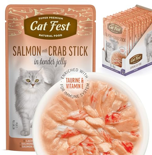 Cat Fest Salmon Fillets with Crab Stick in Tender Jelly, 100% Natural Wet Cat Food Pouches, High Fish Content, Enriched with Taurine, Vitamin E & Fish Oil, 12 x 70g