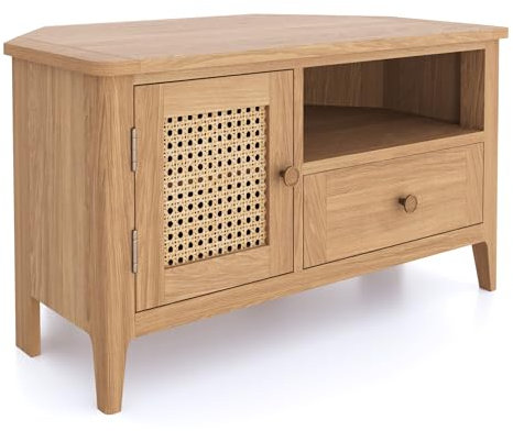 New England Solid Natural Oak Fully Assembled Corner TV Stand Unit Cane rattan Patterned Front Detail