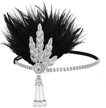 1920s Great Gatsby Accessories Headband Flapper Headpiece Women Gatsby Headband Feather Headpiece Vintage Themed Party Halloween Costume Roaring Fascinator Flapper Girl Hat Silver Leaves Pearl Tassel
