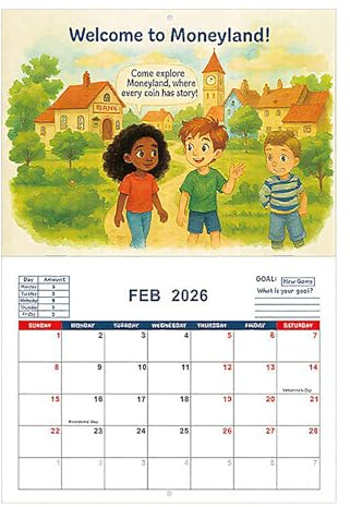 Finanzkalender für Kinder, Tagebuchplaner für Geldmanagement und Motivation, Januar bis Dezember 2026, Planer mit bunten Illustrationen für Zuhause