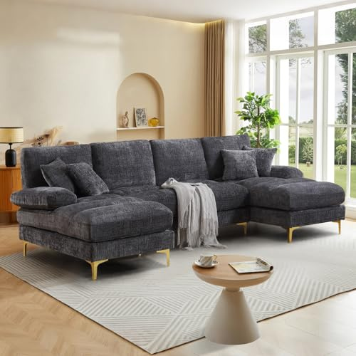 Sofá de 4 Plazas Chenilla Gris, Diseño Compacto para Salón y Apartamento | Tela suave y resistente, cojines gruesos muy cómodos. Patas imitación madera estables, formato compacto, montaje sencillo.