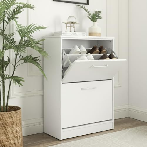 Home Treats 2 Drawer Shoe Cabinet Hallway Storage Shoe Rack Wooden Trainer Storage Organiser Narrow Entryway Shoe Cupboard 8 Pairs Flip Doors (White)