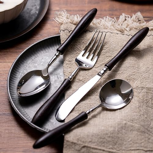 Stainless Steel Knife Fork, Bamboo Knives Forks8-Piece Silverware Set,Wooden Handle Flatware Service for 40