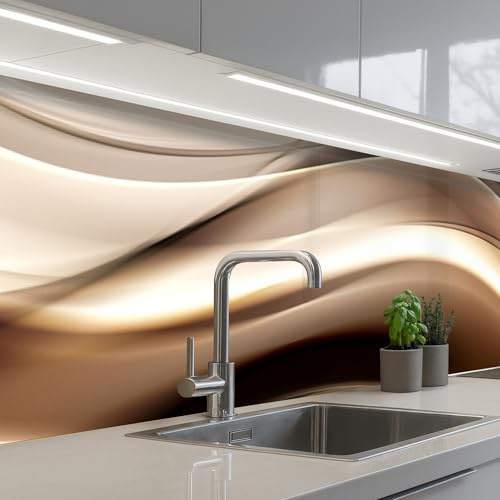 KitchenYeah© Splashback for Kitchen self-Adhesive Back Splashes Kitchens | 32x197 / 80x500 cm - Splash Guard Decor Waves - Abstract - Warm beige