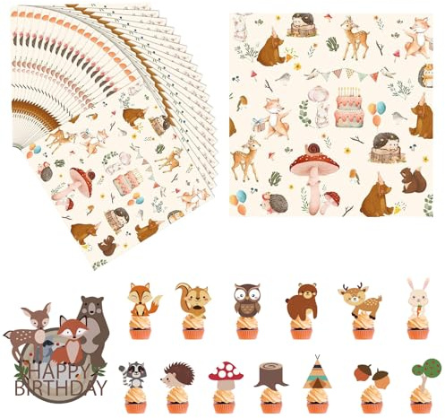 DEFIYEAR 14 Stück Waldtiere Geburtstag Deko, 20 Stück Wald Tier Party Servietten, Tortendeko Waldtiere, 33 * 33cm Servietten Waldtiere für Kindergeburtstag, Party, DIY Dekoration