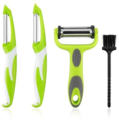 3 Pcs Potato Peelers for Kitchen, Fruit and Veg Peeler Stainless Steel Vegetable Peelers for Kitchen, Multifunction Potato Apples Carrots Fruit Cucumber Julienne Peeler, with 1 Cleaning Brush