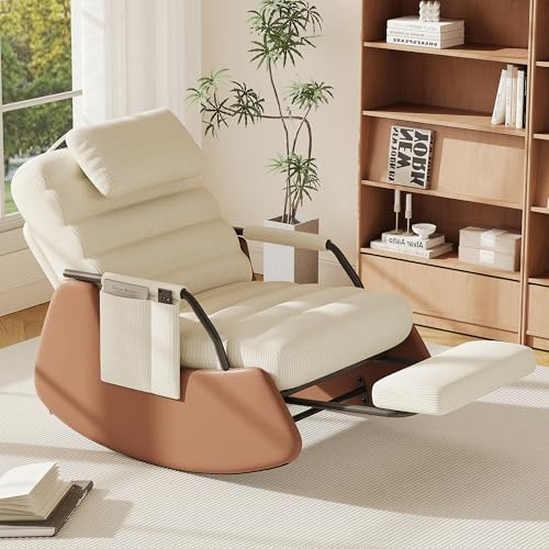 MIOOSUT Schaukelstuhl mit Fußstütze, Rückenlehne verstellbar, 3 Positionen, Schaukelstuhl, Relaxsessel mit Kopfstütze, Armlehnen aus Holz, für Wohnzimmer, Schlafzimmer, Lesen (Lammfell, Beige A)
