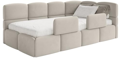 Selsey Jugendbett 120x200cm Hellbeige gepolstert mit Stauraum und Lattenrost, Polsterbett Kinderbett mit 2 Schutzbarrieren, Jugendbett rechtsseitig mit Bettkasten, Bett 120x200 für Kinderzimmer