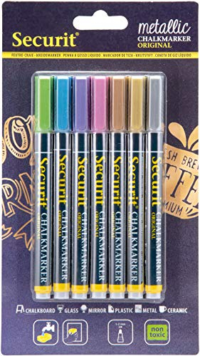 SECURIT - 7er-Set Kreidemarker - Für nicht-poröse Oberflächen (Schwarze Tafel, Glas, Metall, Spiegel...) - Dünne Spitze 1-2 mm - Multicolor Metallic