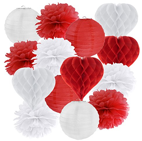 Hängedekoration 14 teilig Mix Rot / Weiß - Lampions, Herz Wabenbälle / Honeycombs, Pompoms Valentinstag Hochzeit