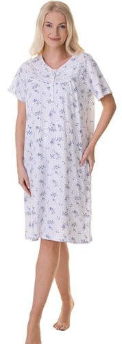 Camille 100% Cotton Short Sleeved Women's Nightie, Knee Length Nightdress | Comfortable & Breathable Traditional Nighty With Buttons, Classic Nightwear with Short Sleeves