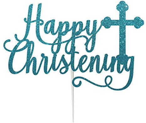 LissieLou Happy Christening with Cross Cake Topper Glitter Card Light Blue Made in the UK