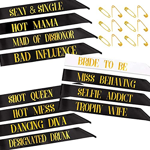 PHOGARY 12 Pezzi Fasce per Addio al Nubilato Sposa, 1 Sposa Bianca da Fascia + 11 Nero da Sposa Squadra tribù per Ragazze Gallina Notte da Addio al Nubilato Matrimonio da Addio al Nubilato Accessori