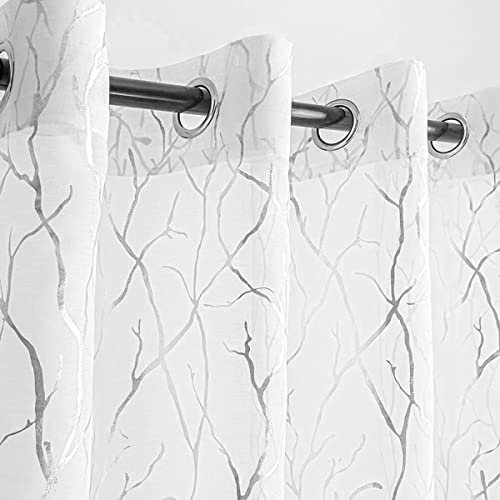 Kotile Baumvorhänge für Wohnzimmer – weiße, durchsichtige Vorhänge, 244 cm lang, Bedruckt, Metallic-Silber-Zweige, Baum-Fenstervorhänge, Ösen Oben für Schlafzimmer, 132 x 244 cm, 2 Paneele, Weiß und