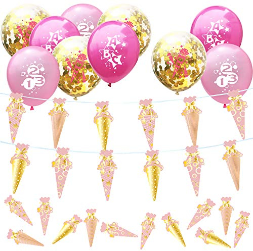 Oblique Unique® Schuleinführung Schulanfang Einschulung Deko Set für Mädchen - Zuckertüten Girlande + Konfetti Luftballon Set + Zuckertüten Konfetti