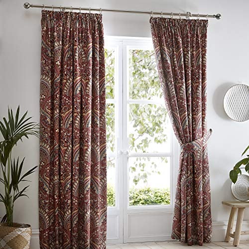 Dreams & Drapes Maroon Jacobean Pencil Pleat Curtains – W168 x L183cm (66x72) – 2 Panels + Tie Backs – Floral Damask Drapes – Moroccan Boho Curtains for Bedroom & Living Room – Fully Lined & Elegant