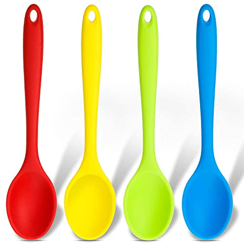 4 Stücke Mehrfarbige Silikon Löffel Antihaft Küchen Löffel Silikon Servierlöffel Rührlöffel zum Kochen in der Küche Backen Rühren Mischen Werkzeuge (Dunkelrot, Grün, Gelb, Blau)