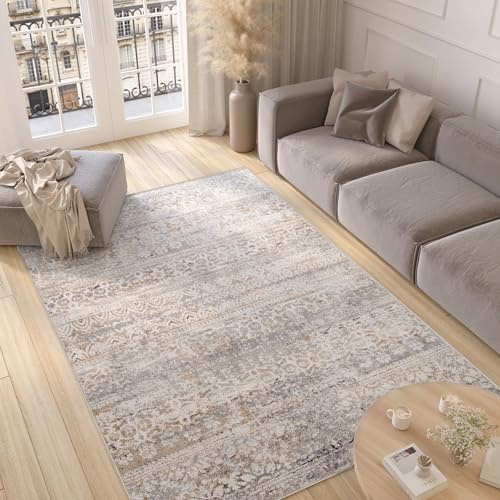 TAPISO Valley Teppich Kurzflor Grau Weiß Vintage Blumen 160 x 220 cm | Used Effekt Meliert Verwischt Wohnzimmer Schlafzimmer OEKO-TEX