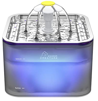 Fuente de agua de cristal, Bebedero para gatos y perros, de acero inoxidable, 2,835.0 g/3L con luz LED (gris)