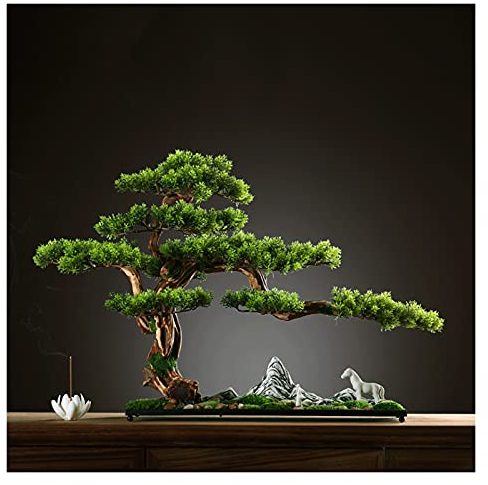 Künstlicher Bonsai-Baum 17-Zoll-hohe künstliche Kiefer-Bonsai-Verzierung, eine neue chinesische Simulation einladende Kiefer, Kunstbaum für Tee-Raum (mit Reinigungsbürste) Pflanzendekoration Künstlic