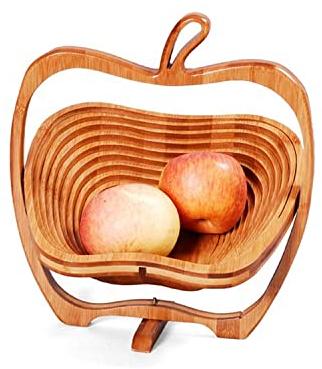 electromax Cesta plegable en forma de manzana, 30 x 27 x 22,5 cm, cesta plegable de bambú y tabla de cortar, cuenco de fruta de madera de bambú con diseño de manzana, bambú natural, marrón
