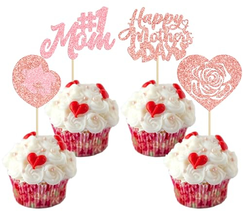 Gyufise 24 Pack Pink Rose Gold Happy Mother's Day Cupcake Toppers Heart Rose Glitter Happy Mother's Day Cake Picks Decorations for Best Mom Theme Party Supplies