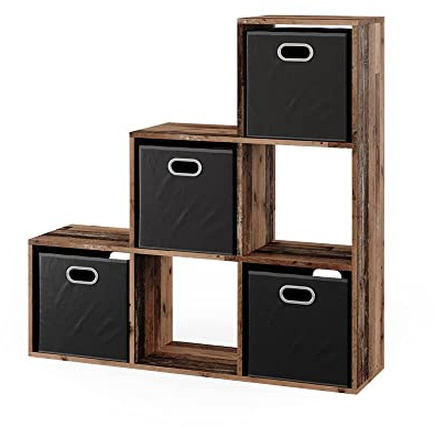 Vicco Treppenregal, stehendes Bücherregal, Antikholz, 104 x 108 cm mit 4 Faltboxen