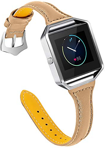 Ersatz-Armband kompatibel mit Fitbit Blaze, für Damen und Mädchen, Leder-Ersatzband mit Metallrahmen, schlankes Sport-Armband, verstellbar, 14 - 20,3 cm, kompatibel mit Fitbit Blaze – Kaffeebraun