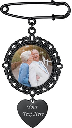 Custom4U Personalisierte Foto Broschen Pin Damen Frauen Edelstahl Rund Broschen Anstecknadeln für 2 Fotos Memorial Brautstrauß Anhänger Foto Charm Schwarz für Hochzeit Boutonniere Brautstrauß